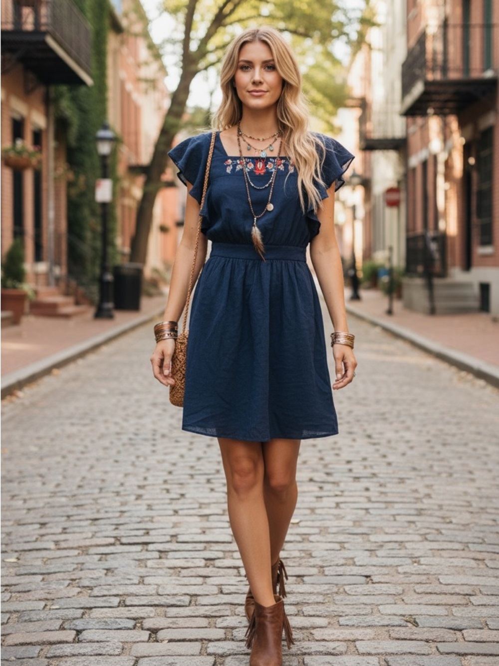 MODCLOTH RETRO BOHO EMBROIDERED FLORAL DRESS NAVY BLUE GAUZY SUMMER DRESS SM